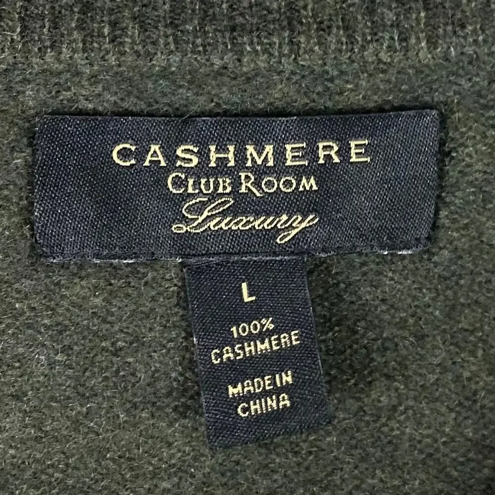 NWOT CASHMERE CLUB ROOM LUXURY Sweater Men L Cashmere Green V-Neck Ribbed Trim
